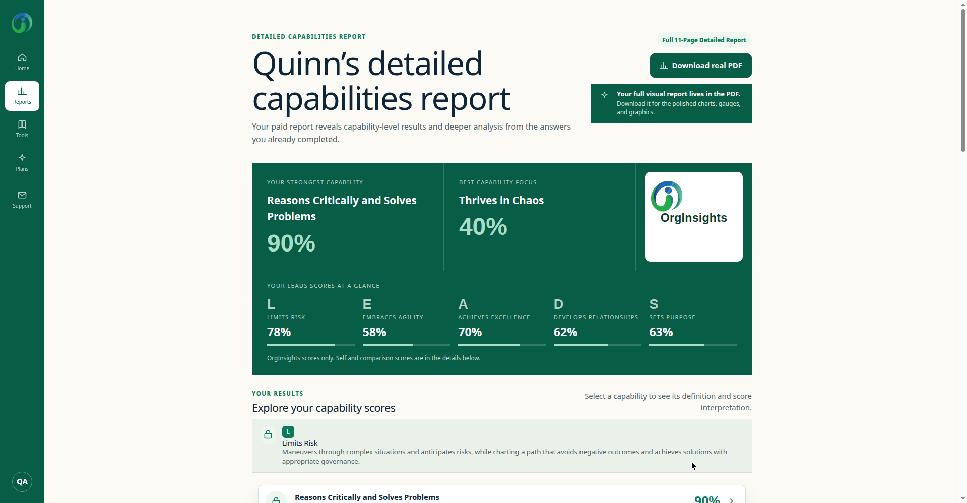 Quinn Avery's report cover in the OrgInsights app showing strongest capability Reasons Critically and Solves Problems at 90 percent, best focus Thrives in Chaos at 40 percent, and the five LEADS pillar scores at a glance