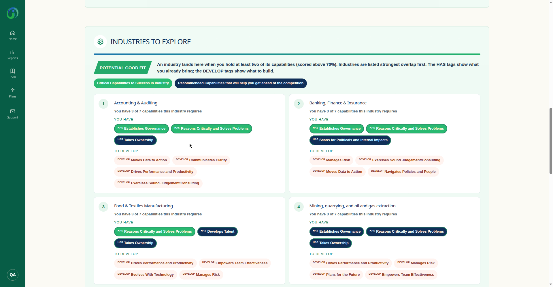 Industries to Explore for Quinn Avery in the OrgInsights app, showing Accounting and Auditing, Banking Finance and Insurance, Food and Textiles Manufacturing, and Mining Quarrying and Oil and Gas Extraction, each with the capabilities Quinn has and the ones to develop