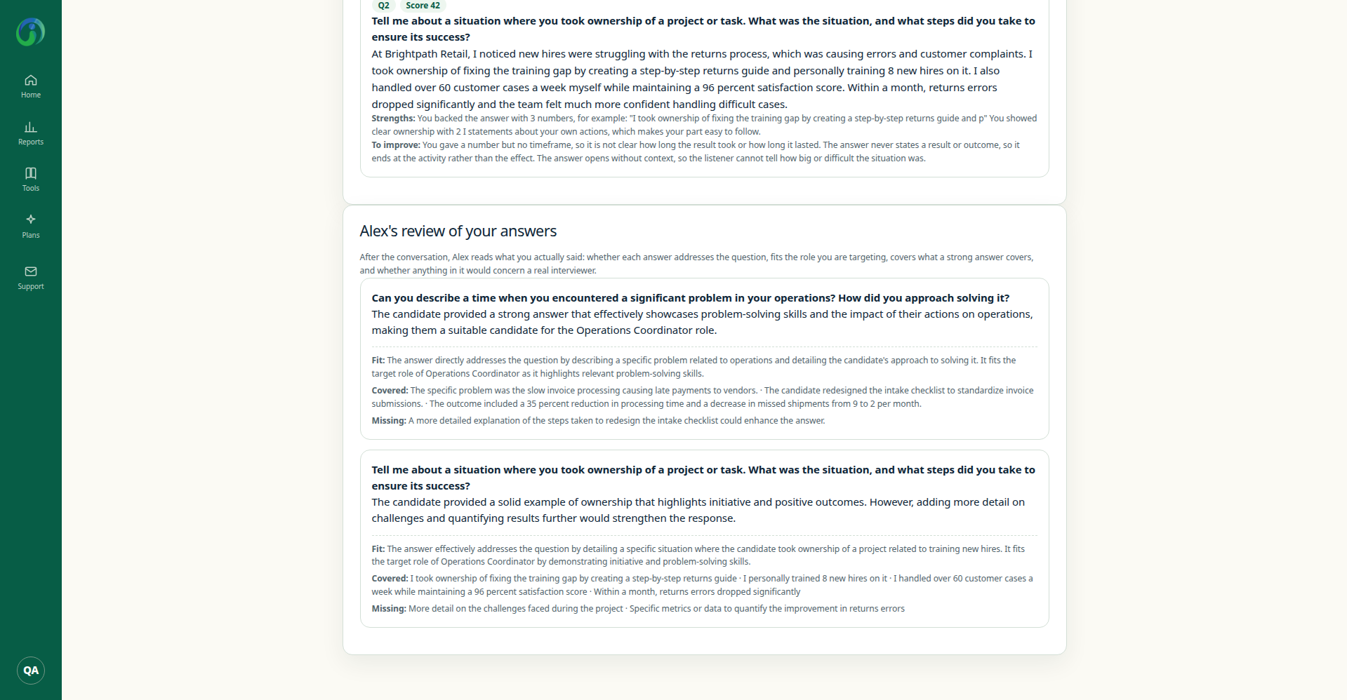 Interview Coach AI review of both answers, each split into Fit, Covered, and Missing