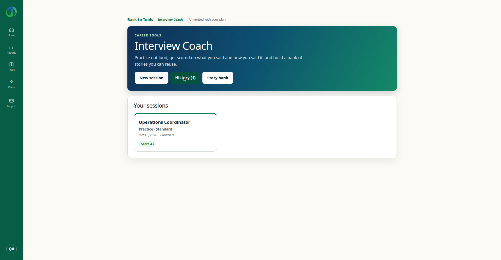 Interview Coach History screen showing the saved Operations Coordinator practice session with a score of 43
