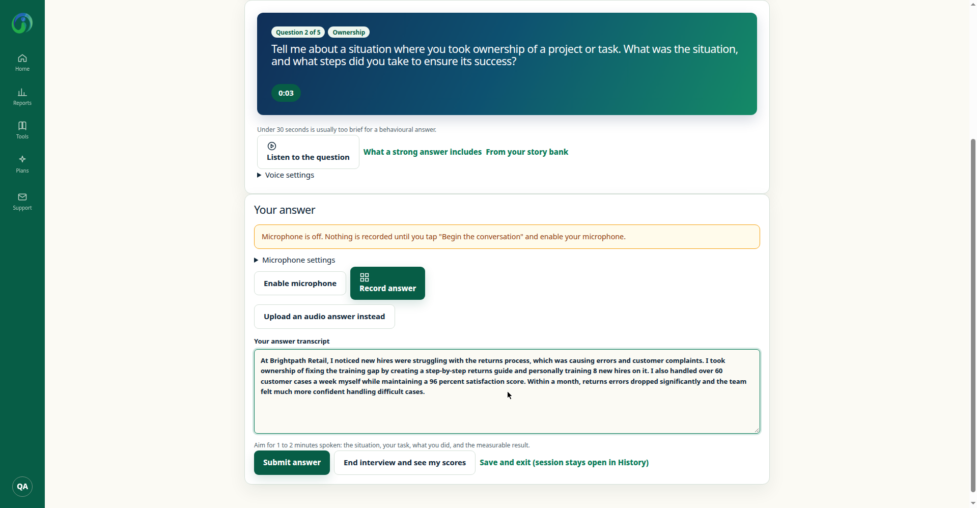 Interview Coach session screen showing question 2 of 5 on Ownership with the typed answer in the transcript