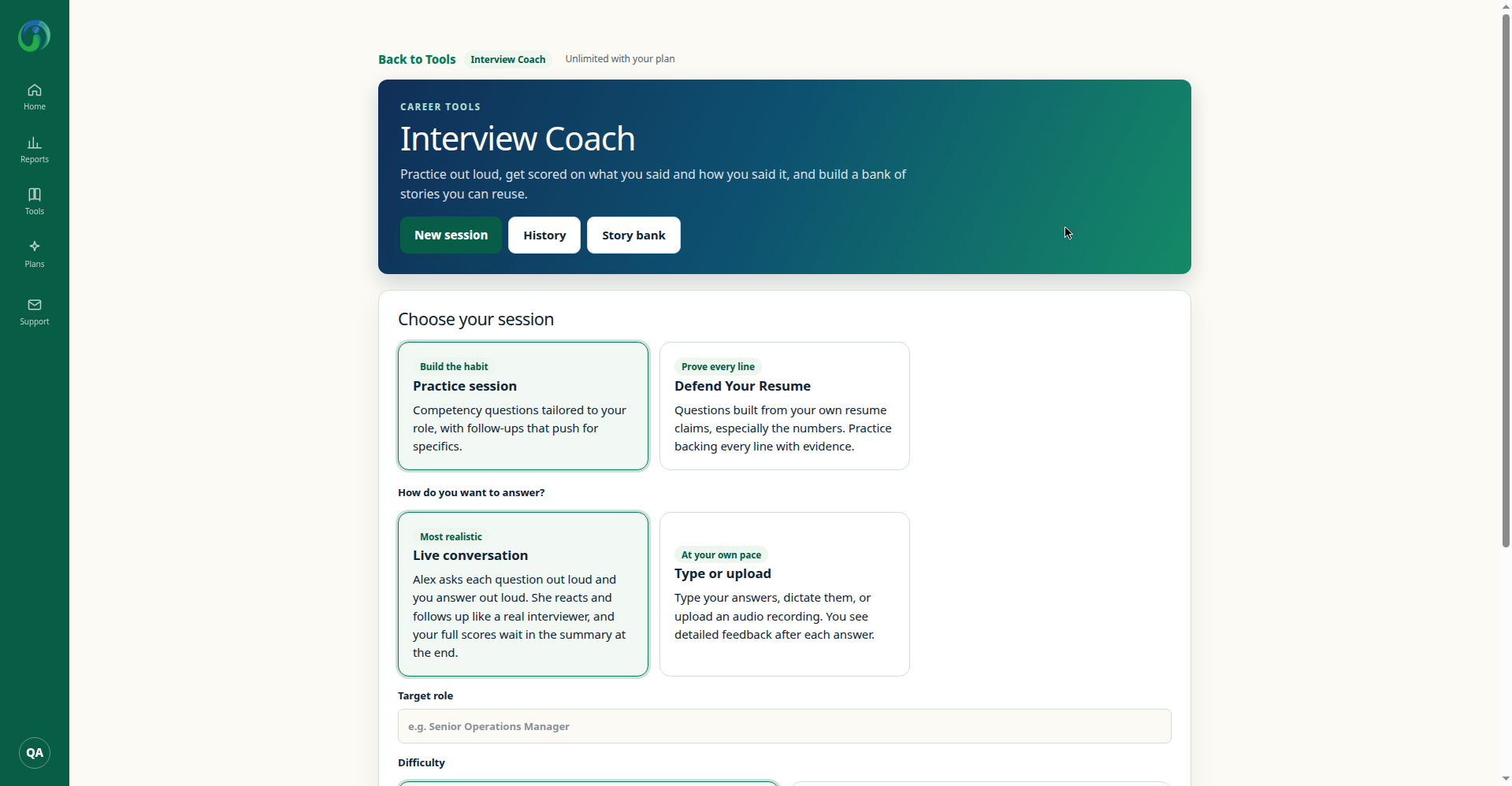 Interview Coach setup screen showing Practice session and Defend Your Resume tracks, and Live conversation or Type or upload answer methods