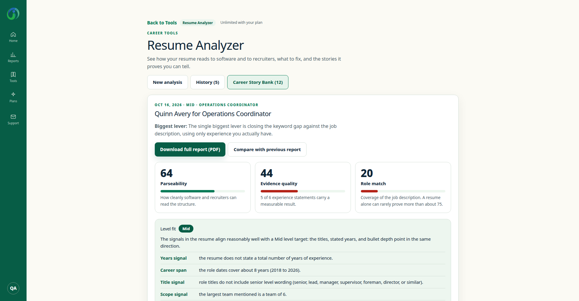Resume Analyzer report header for Quinn Avery showing the biggest lever and three scores: Parseability 64, Evidence quality 44, Role match 20