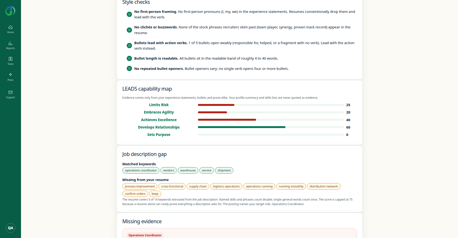 LEADS capability map and job description gap panel from the sample Resume Analyzer report