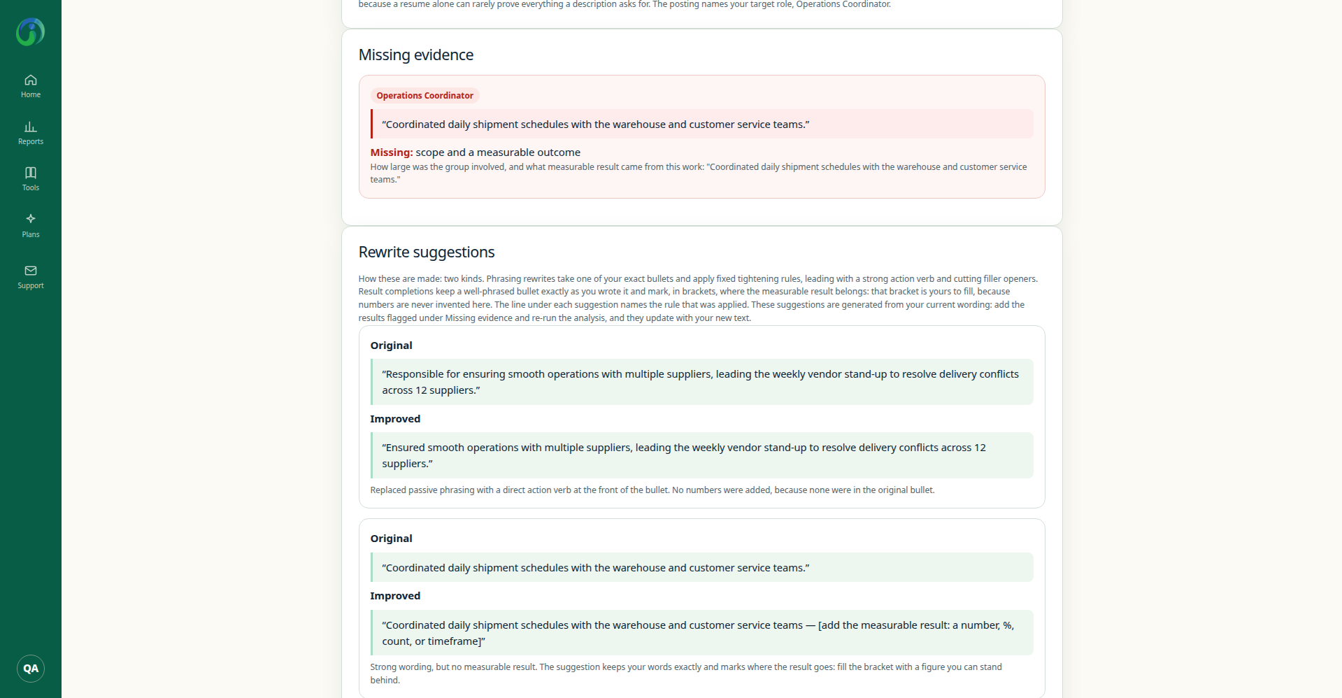 Missing evidence panel and rewrite suggestions from the sample Resume Analyzer report