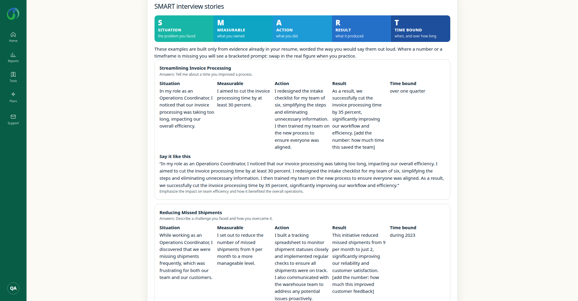 SMART interview stories generated from the sample resume in the Resume Analyzer report