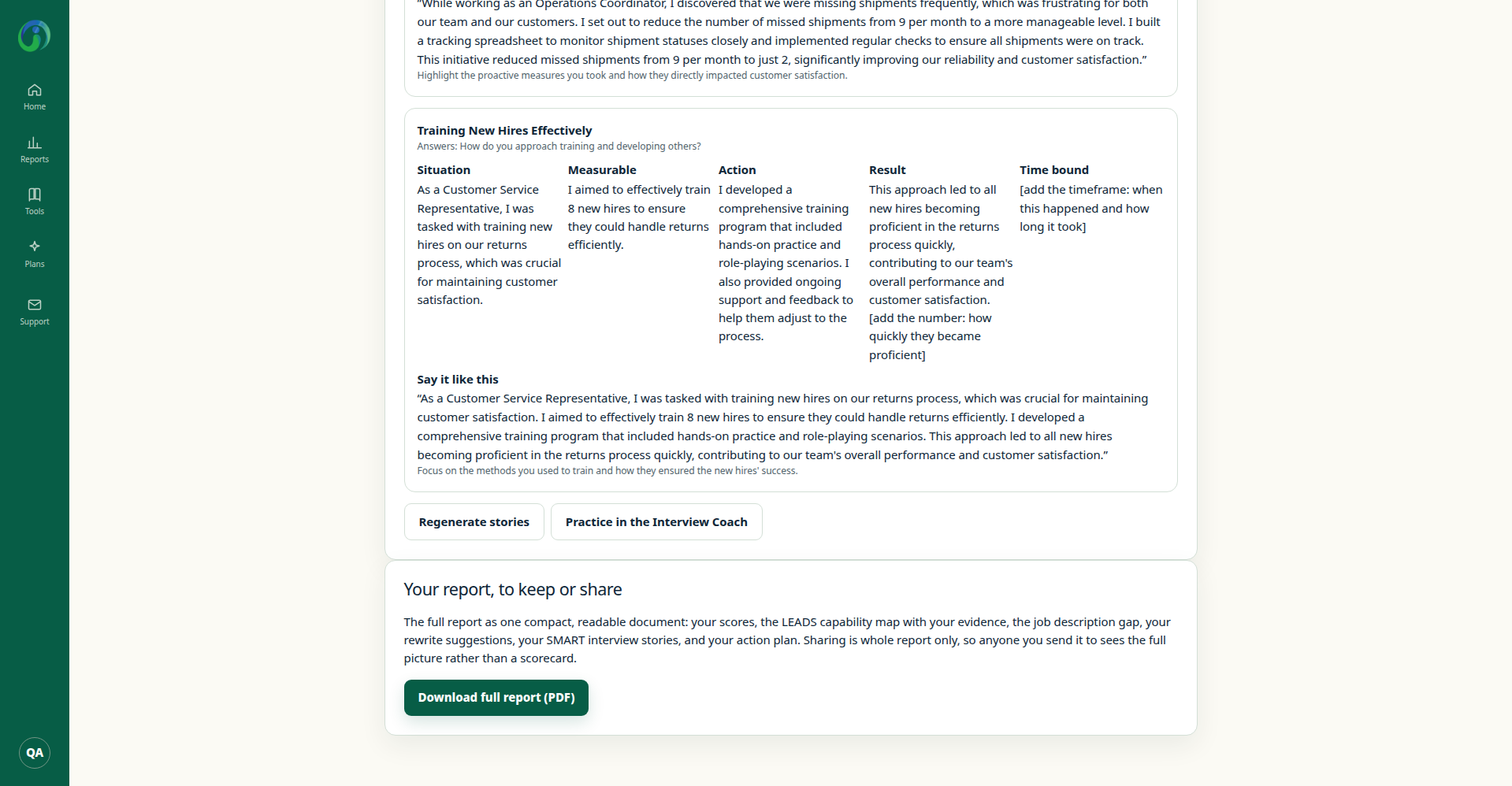 End of the sample Resume Analyzer report showing the Download full report panel