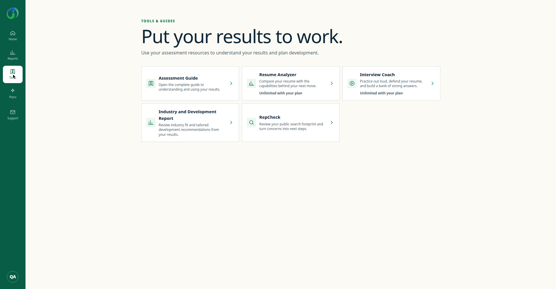 Tools and Guides in the OrgInsights app showing the Assessment Guide, Resume Analyzer, Interview Coach, Industry and Development Report, and RepCheck cards